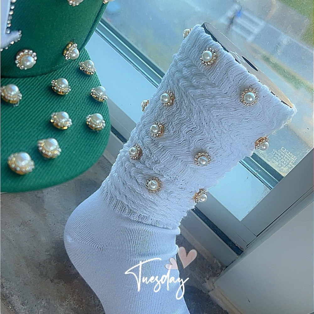 White Pearl-Embellished Socks